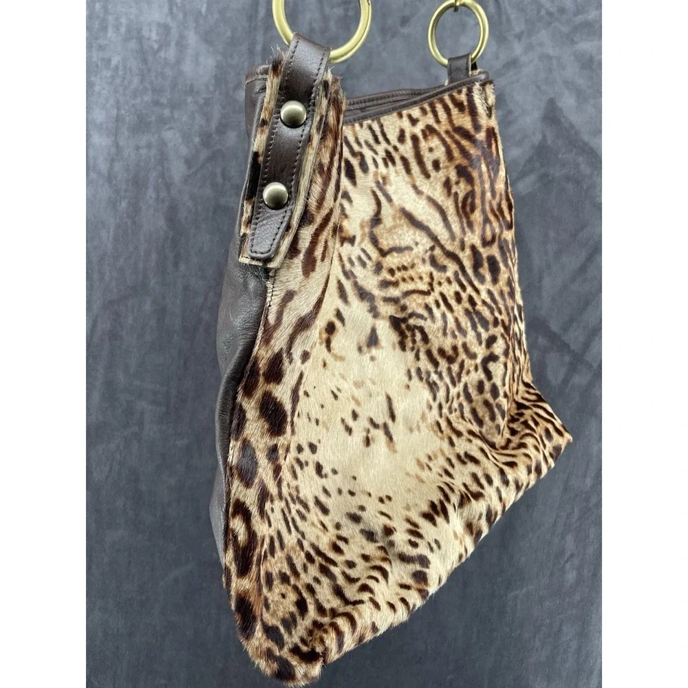 VTG Garnet Hill Italy Leather Calf Hair Leopard Print Hobo Bag Brown